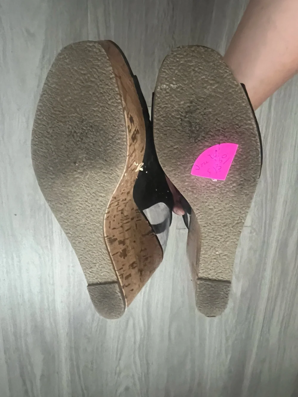 POP Edi Persons Black Studded Cork Wedge Sandals Peep Toe Slingback Size 8.5